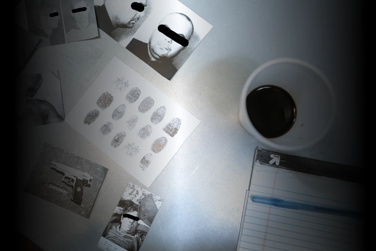 Various bits of evidence sit on a table beside a notepad and nearly empty cup of coffee