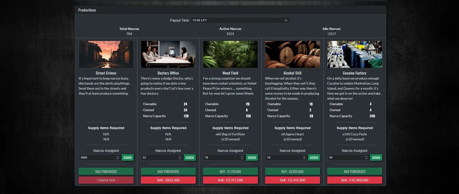 An image of the Productions interface